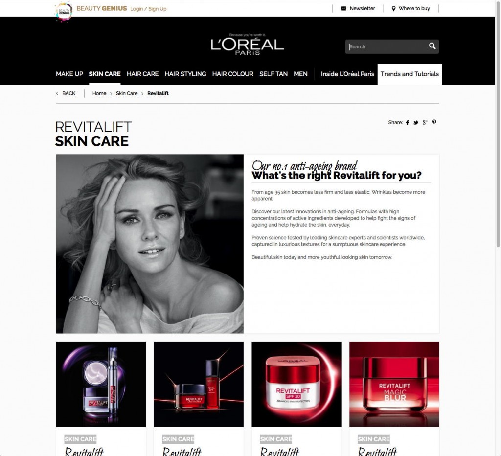 Page ligne de produits L'Oréal Paris UK